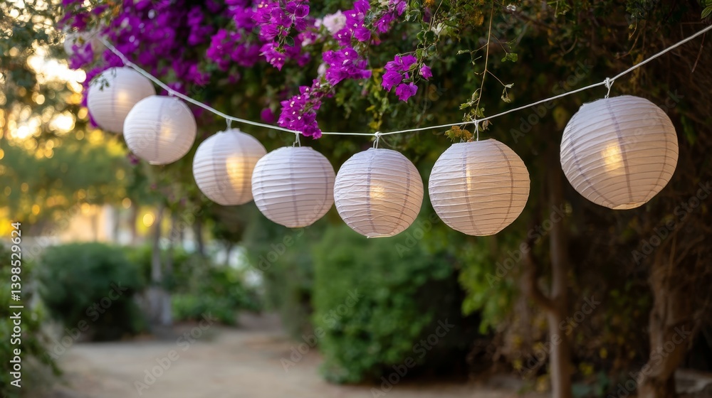 Poster delicate paper lanterns float gently on a breeze in a twilight garden, illuminated softly, creating 