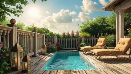 Obraz premium Serene backyard oasis featuring a sparkling pool, inviting lounge chairs, and warm sunlight illuminating a tranquil escape bathed in golden light.