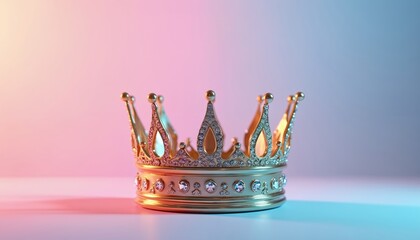 Gold crown with gems stands against pink blue gradient background. Symbol royalty, luxury, power, leadership. Illustration design, fashion accessory for king, queen royal person. Success,