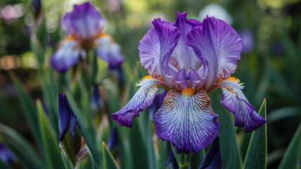 Close-Up of Blooming Purple Iris Flower in Garden