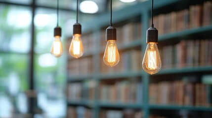 Antique bulbs glowing over shelves of books learning and education concept