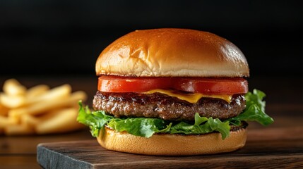 Appetizing hamburger featuring fresh toppings including cheese and tomatoes served with crispy fries