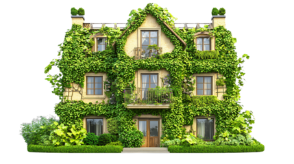 a model of a house covered in green ivy and plants with windows and balconies on a transparent background, PNG image, PNG file, Generative art.
