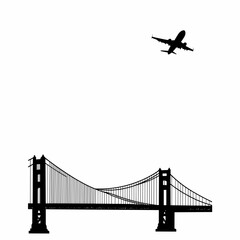 Obraz premium Plane flying over suspension bridge silhouette 