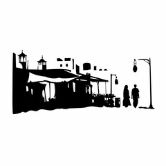 Obraz premium Silhouette of traditional street with people walking 