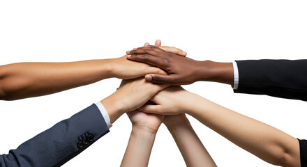 Obraz premium Diverse hands united in a powerful symbol of teamwork and collaboration against a clean white background.
