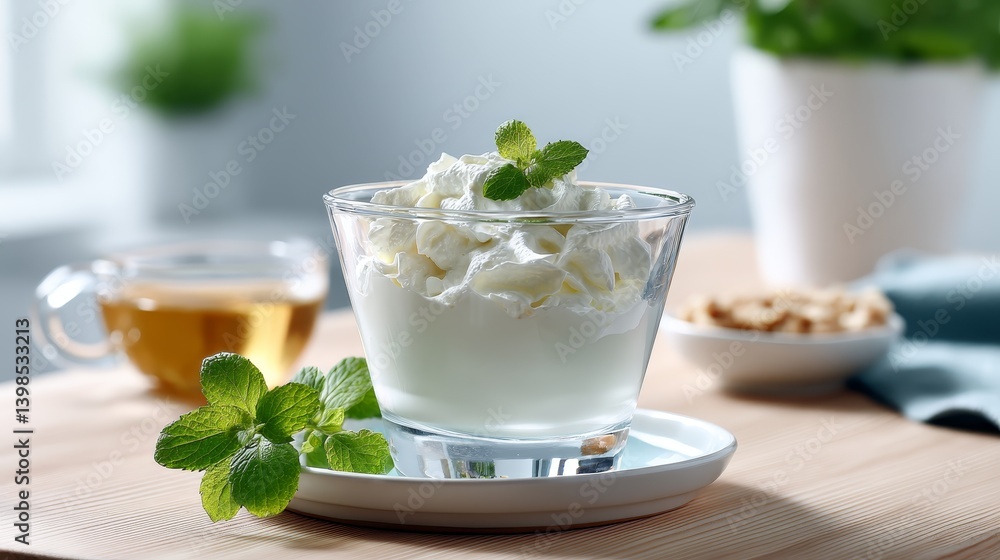 Poster close-up view of a creamy dessert topped with a swirl of whipped cream and fresh mint, artfully disp