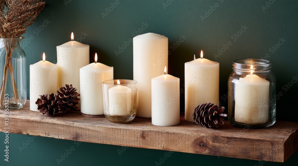 Poster warm glow from candles illuminates a wooden shelf decorated with pinecones, creating a tranquil wint