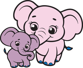 Adorable Pink Elephant Mother Hugging Baby  Safari Animal Vector