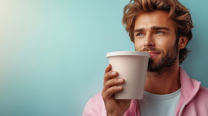 Man enjoying coffee outdoors while smiling and dressed in casual attire, showcasing a relaxed vibe in a vibrant setting