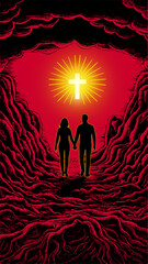 Fototapeta premium Spiritual Vector Illustration – Couple Walking Toward Glowing Cross – Symbol of Faith, Hope, Salvation, Life Purpose, Meaning of Life, Christian Love, Divine Light, Religious Journey