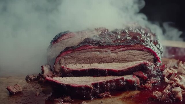 Close-up shot of perfectly smoked barbecue brisket sliced on a rustic wooden cutting board with aromatic steam wafting upwards