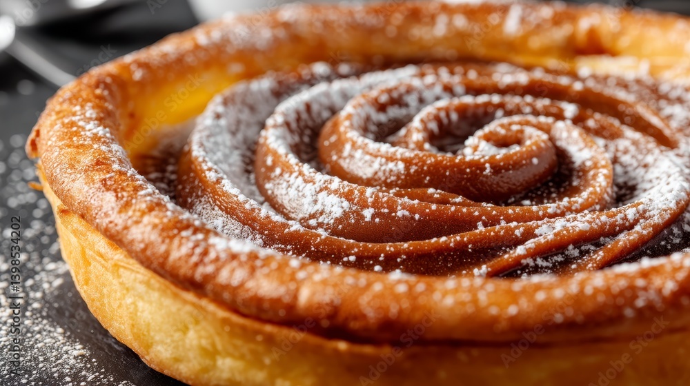 Poster close-up view of a delightful swirled caramel mousse in a crisp waffle bowl, lightly dusted with pow