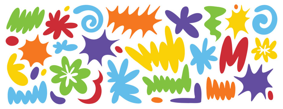Abstract funny bright squiggle shapes set. Creative positive color doodle elements. 