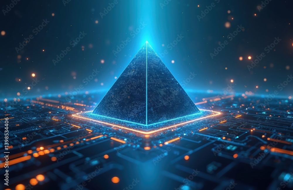 Aufkleber Abstract tech image of pyramid, connected to network cyberspace. Blue background, digital data flow, lines, dots, tech concept, modern, futuristic design. Technology concept.