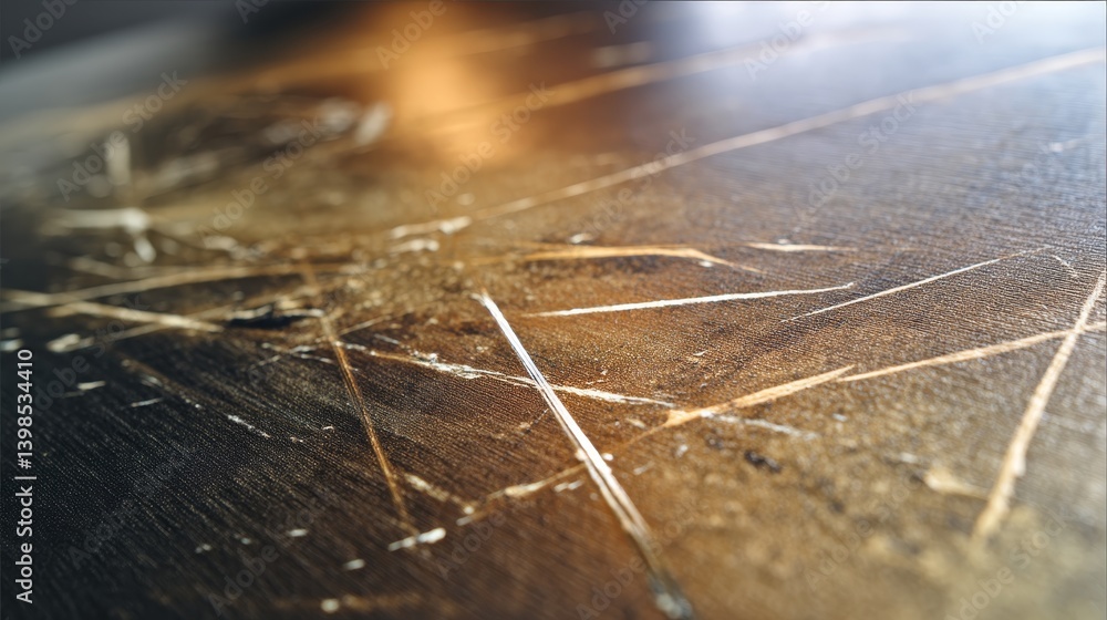 Poster close-up shows a weathered parchment overlay on a dark surface, featuring scratches and sepia tones 