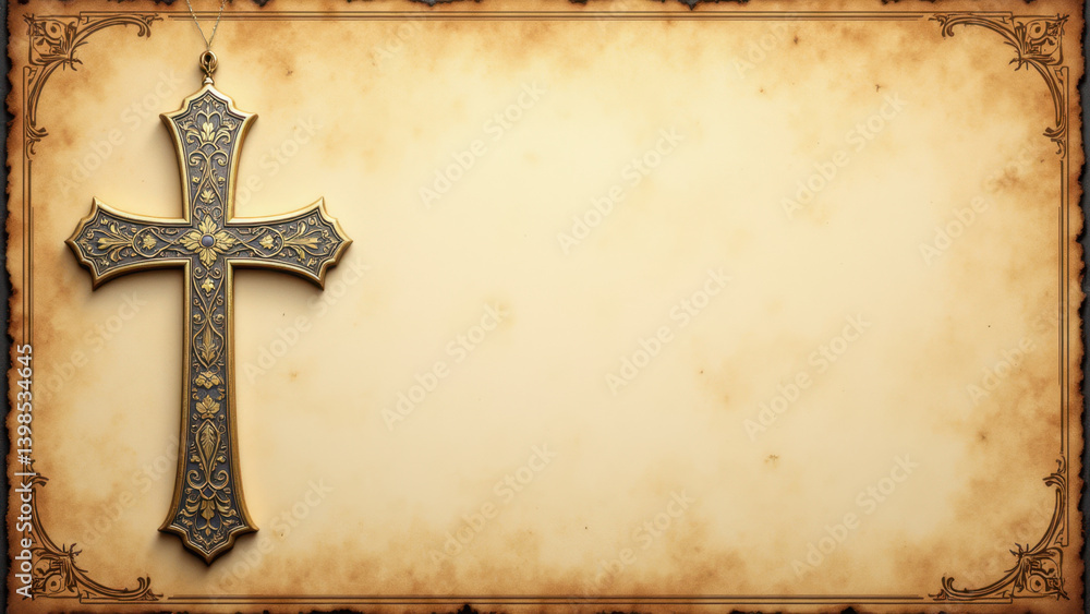 Poster cross in center on parchment scroll with medieval design border.