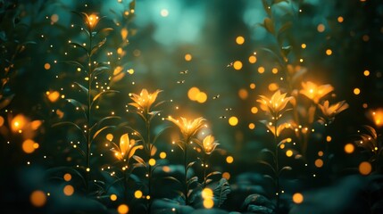 Mystical glowing flowers in a dark, enchanted forest.