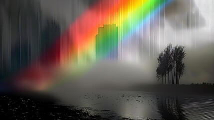 Colorful rainbow arches over a grayscale city skyline mist from a distant storm creating a surreal selective color photography effect