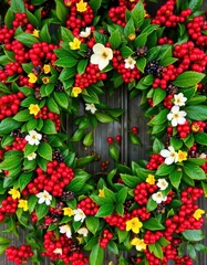 Lush green wreath overflowing with vibrant berries and blossoms, stock, natural, celebration