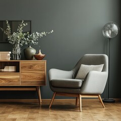 Cozy living room with mid-century modern style.  A grey armchair sits beside a wooden cabinet, accented by potted greenery and decorative items.  Soft lighting creates a warm ambiance