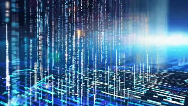 Futuristic digital matrix with vertical lines and glowing effects, captured from a dynamic low-angle, resembling a sci-fi video interface.