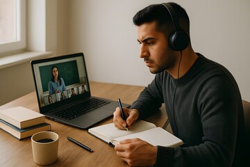 "Student Engaged in Online Learning on Laptop in Modern Study Space"


