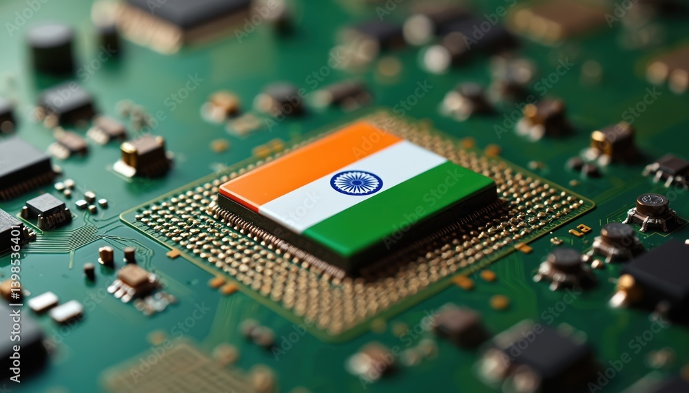 Poster Indian flag integrated into microchip CPU. Digital concept representing India role tech industry. Illustrates advanced technology, global market, computer components, cyberspace. Shows processor