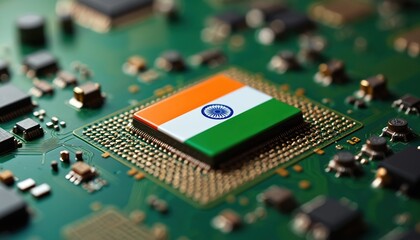 Indian flag integrated into microchip CPU. Digital concept representing India role tech industry. Illustrates advanced technology, global market, computer components, cyberspace. Shows processor