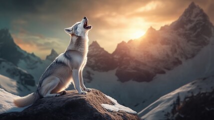 Obraz premium Gray wolf howling at sunset in mountainous landscape with snow-capped peaks and dramatic sky