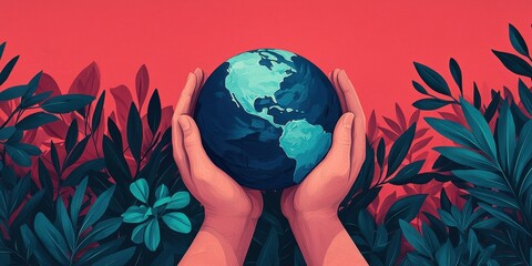 World environment day with conservation and action idea. Holding the Earth amidst vibrant foliage and colors.