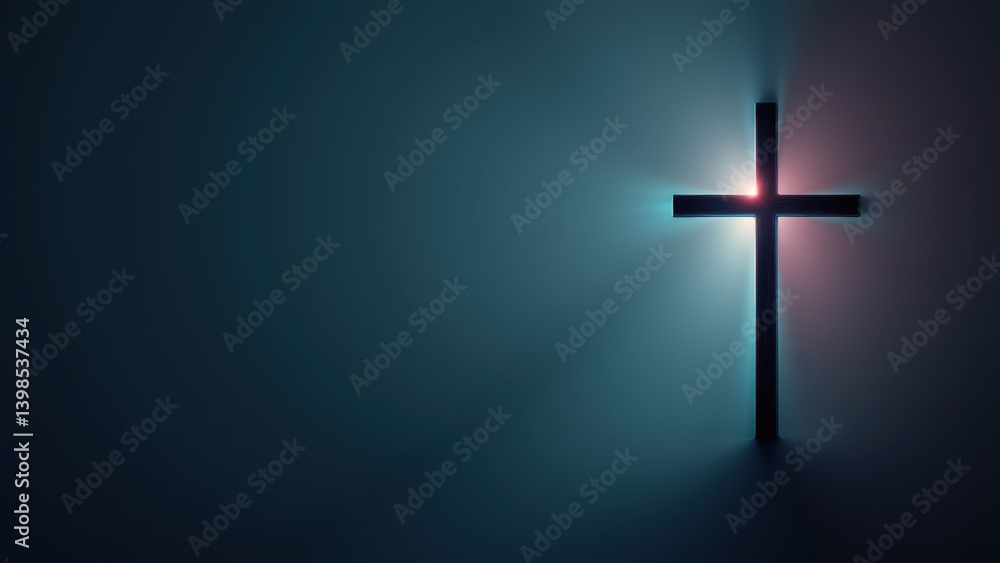 Poster a cross shining brightly against a dark background with rays of light emanating from its center.
