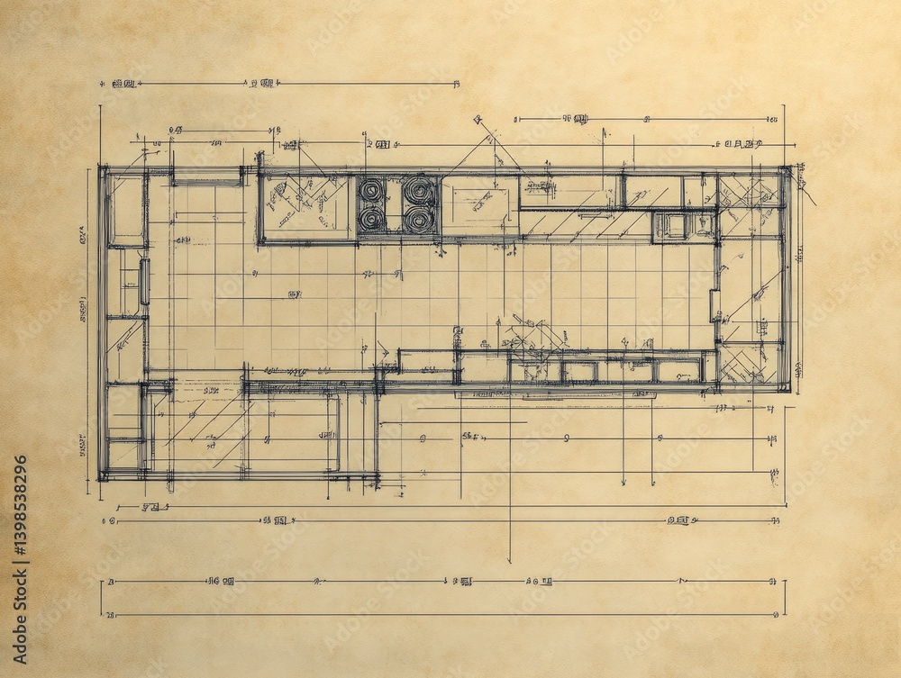 Aufkleber architectural blueprint drawing on aged paper showcasing room layouts and spatial relationships. fea