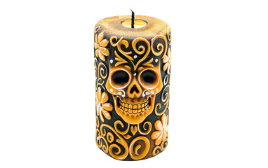 Decorative Day of the Dead Candle with Detailed Patterns Isolated on Transparent Background PNG.