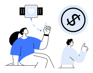 Woman using smartwatch to track health, connecting data to cost representation. Ideal for technology, health, wellness, finance, innovation, lifestyle app development. Trendy flat simple metaphor