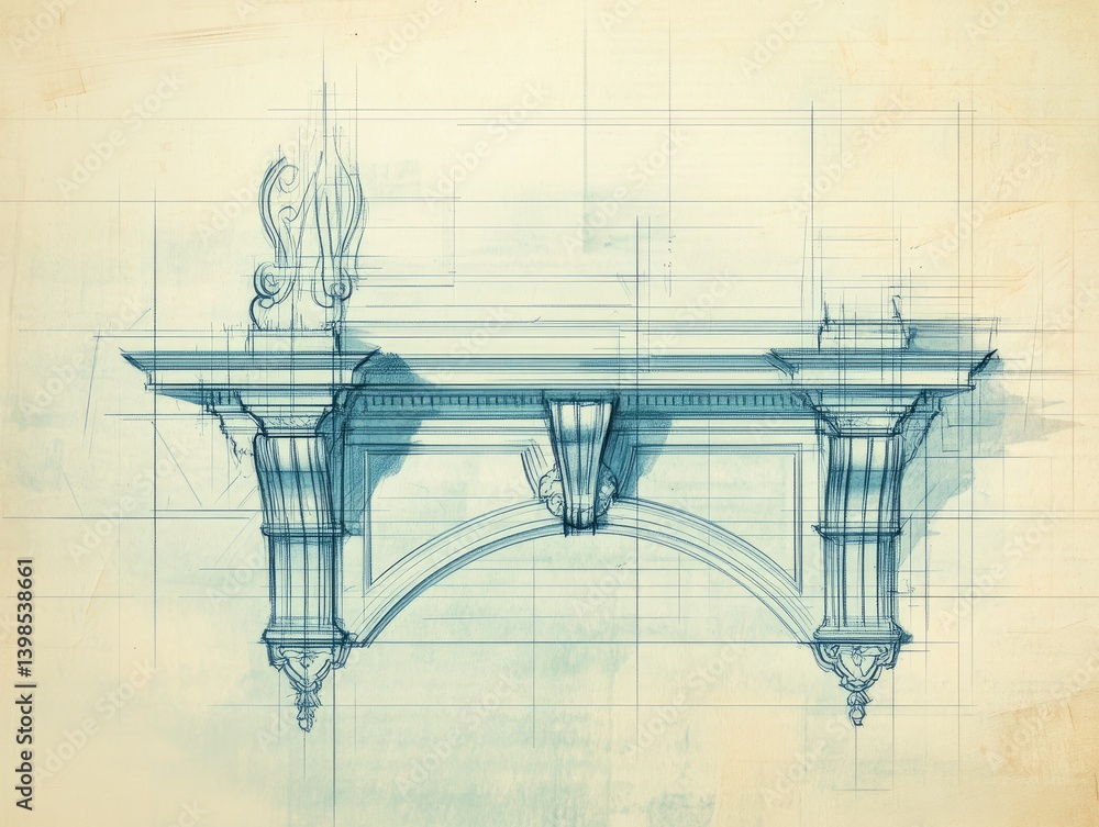 Aufkleber architectural blueprint of a detailed ornate structure with arches and columns rendered in shades of
