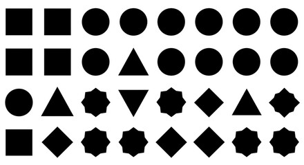 A playful exploration of basic shapes: squares, circles, triangles, and stars in a bold, graphic arrangement with stark black shapes against a white background.