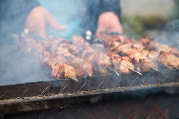 Preparation of shish kebab on the grill.