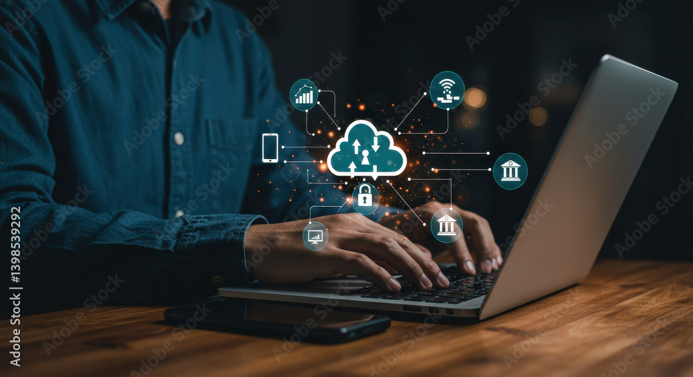 Poster cloud computing security: man on laptop connecting to secure data network. business, technology, inn