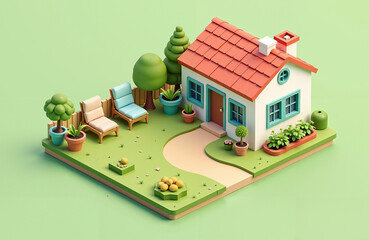 Summer house arrangement with greenery and garden furniture  