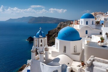 Obraz premium Santorini's Iconic View: Picturesque view of Santorini, featuring iconic blue-domed churches, white buildings, and a stunning view of the Aegean Sea.