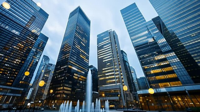 City Skyscrapers: A low-angle shot captures the imposing presence of modern city skyscrapers, their glass facades reflecting the sky above, complemented by the gentle beauty of a fountain.