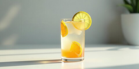 Fototapeta premium Refreshing Citrus Fizz in a Tall Glass with Ice Cubes and Slices of Lemon and Orange on a Bright Sunny Day