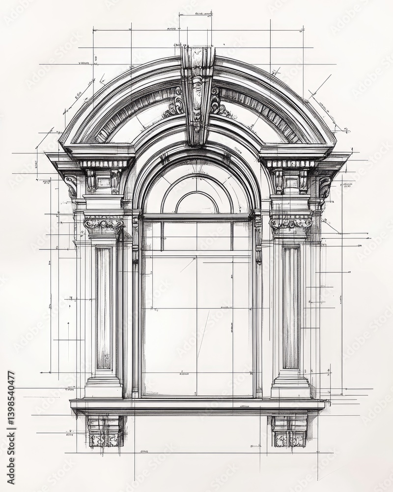 Poster architectural drawing of ornate archway with detailed carvings and columns on a gridded background i