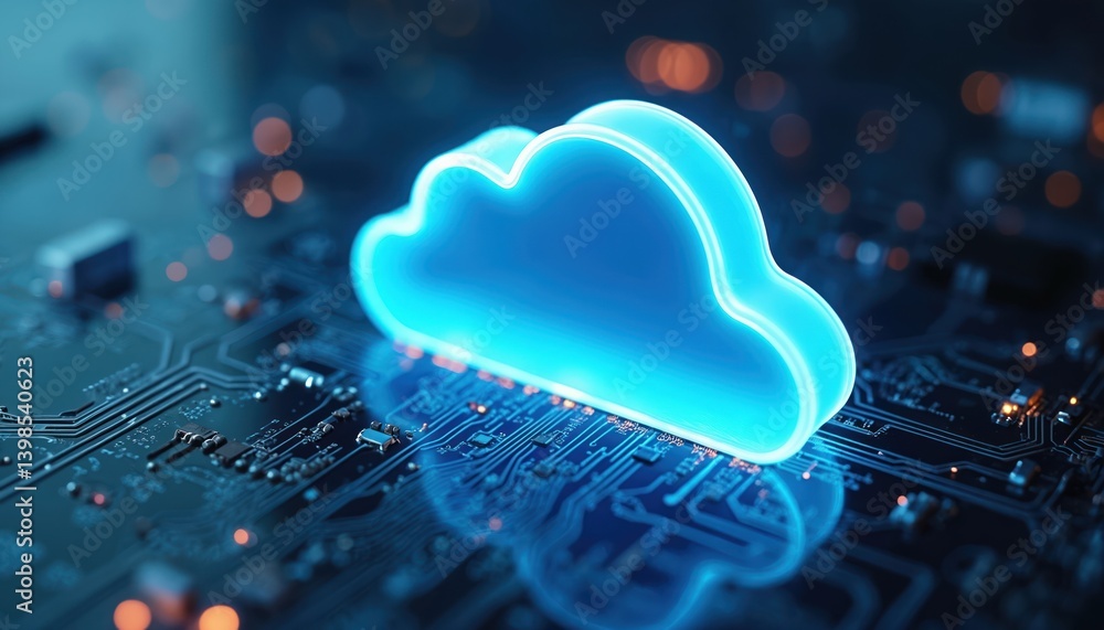 Aufkleber Digital cloud computing concept with illuminated neon cloud symbol on circuit board. Modern tech, data processing, cyberspace security, digital transformation, innovation and global network.