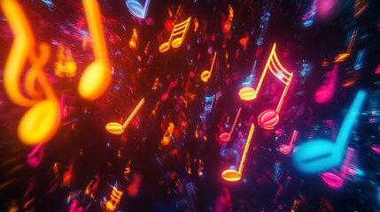 A vibrant symphony of glowing musical notes floating in a dark space, neon colors illuminating the scene, intricate details, cinematic lighting.