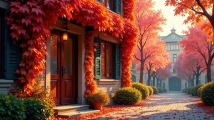 Fototapeta premium Autumnal Residence A Picturesque Brick House Adorned with Vibrant Red Vines, Flanked by Colorful Trees, and a Sun-Drenched Stone Path