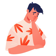 Young man confused by anxious thoughts. With tense face he thinking about something intently, his face reflects anxiety, sadness, confusion, fear. Concept of mental health, burnout, overload, fatigue.