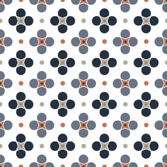 Geometric seamless pattern. Abstract background with blue and orange circles. Ornament with colorful geometric shapes. Repeating texture. Vector illustration. Design for paper, wallpaper, fabric.