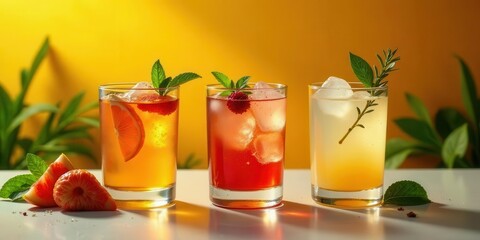 Fototapeta premium Refreshing Summer Beverages Iced Citrus and Berry Drinks with Mint and Herb Garnishes